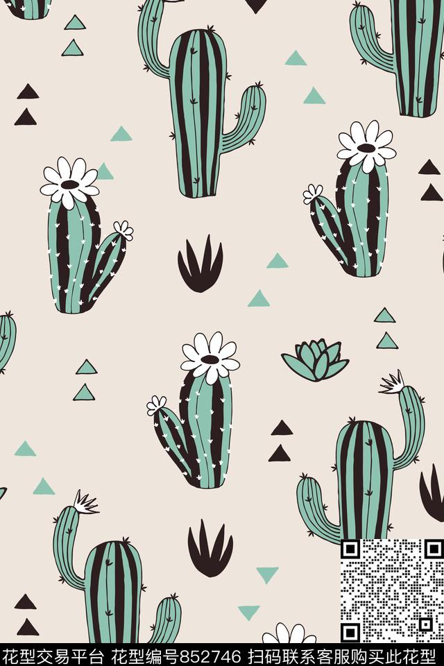 纯色底清新仙人掌传统印花华亿平台下载（图片编号: 852746） - 瓦栏（Walan）