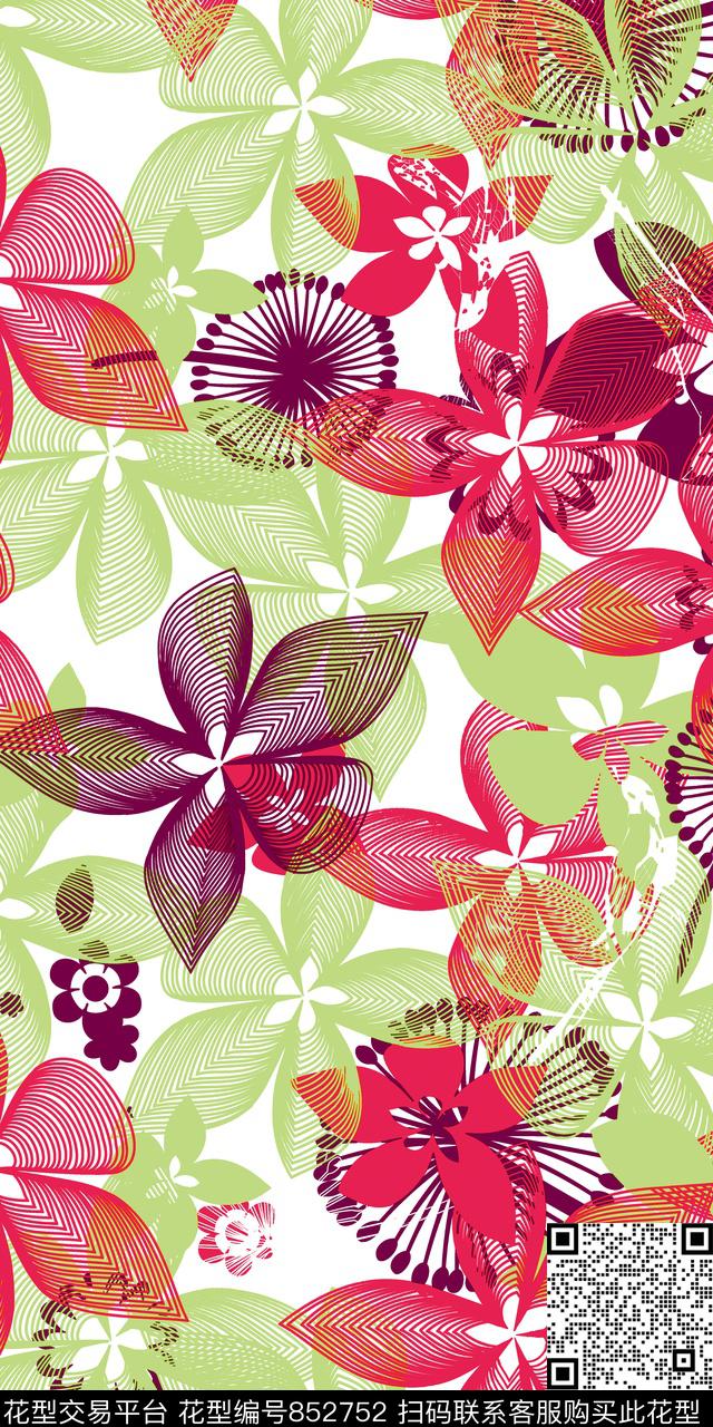 创意抽象拼接花卉线条花传统印花华亿平台下载（图片编号: 852752） - 瓦栏（Walan）