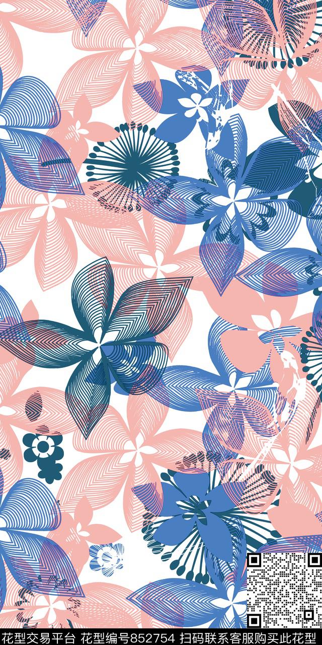 创意抽象拼接花卉线条花传统印花华亿平台下载（图片编号: 852754） - 瓦栏（Walan）