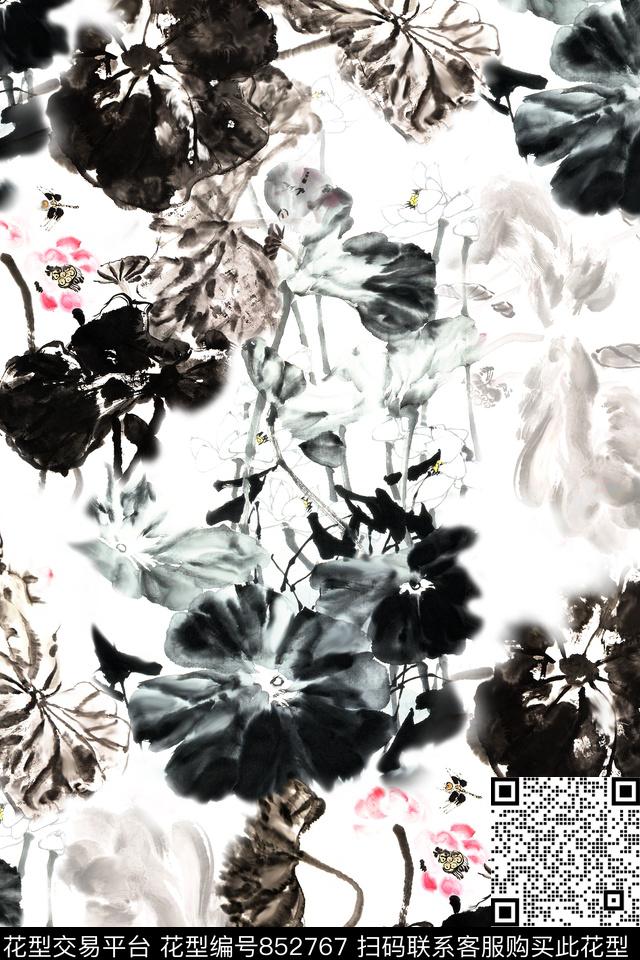 国画花中国风水墨荷花数码印花华亿平台下载（图片编号: 852767） - 瓦栏（Walan）