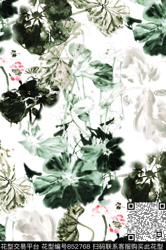 国画花中国风水墨荷花数码印花华亿平台下载（图片编号: 852768） - 瓦栏（Walan）