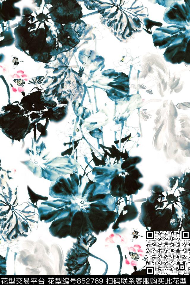 国画花中国风水墨荷花数码印花华亿平台下载（图片编号: 852769） - 瓦栏（Walan）