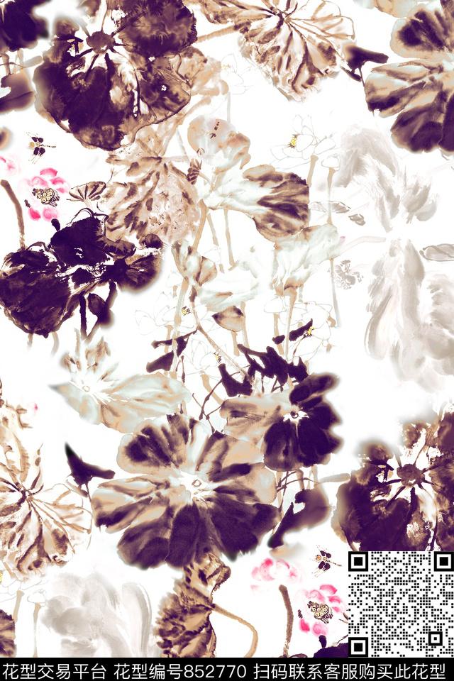 国画花中国风水墨荷花数码印花华亿平台下载（图片编号: 852770） - 瓦栏（Walan）
