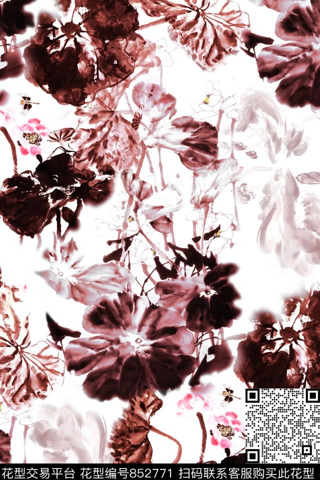国画花中国风水墨荷花数码印花华亿平台下载（图片编号: 852771） - 瓦栏（Walan）