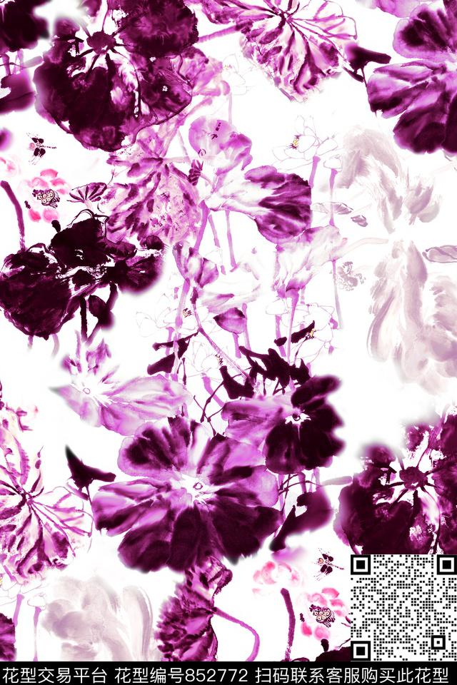 国画花中国风水墨荷花数码印花华亿平台下载（图片编号: 852772） - 瓦栏（Walan）