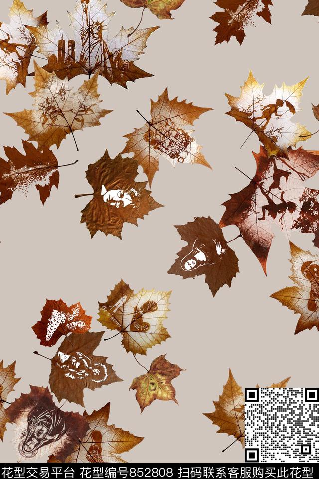 几何绘画枫叶数码印花华亿平台下载（图片编号: 852808） - 瓦栏（Walan）