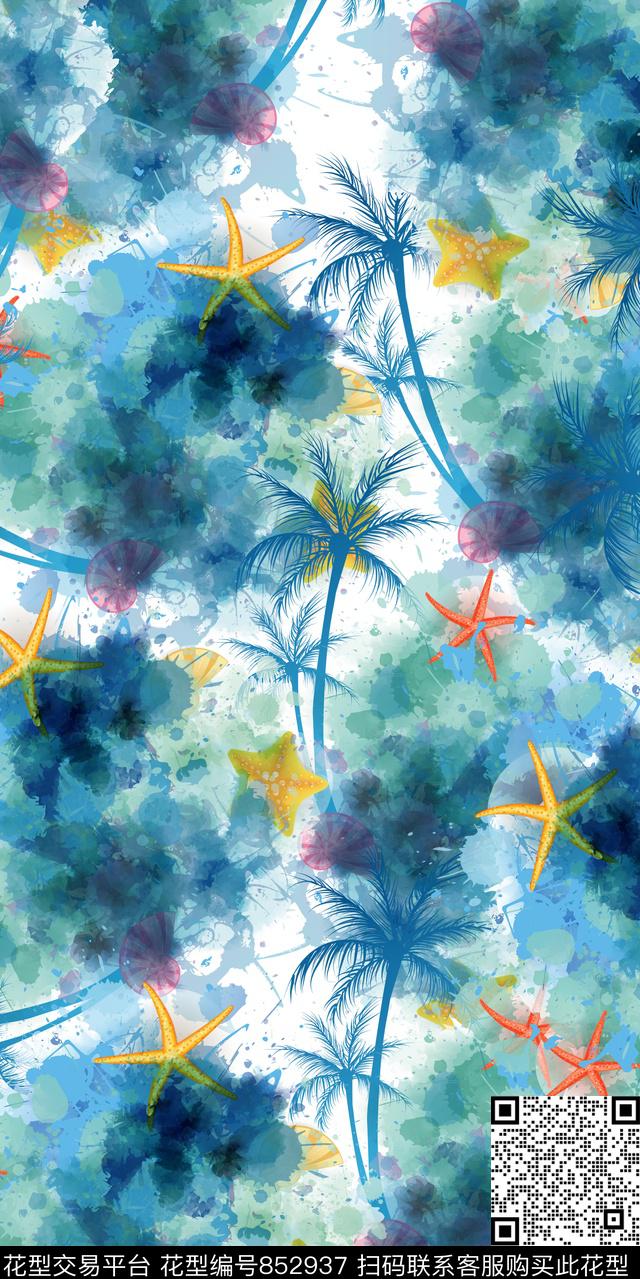 趣味五角星椰树数码印花华亿平台下载（图片编号: 852937） - 瓦栏（Walan）