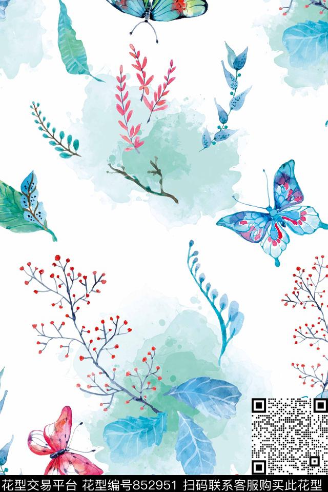 中国风花卉蝴蝶、小清新数码印花华亿平台下载（图片编号: 852951） - 瓦栏（Walan）