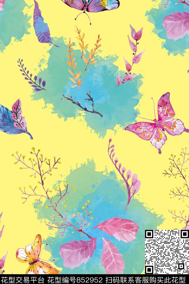 中国风花卉蝴蝶、小清新数码印花华亿平台下载（图片编号: 852952） - 瓦栏（Walan）