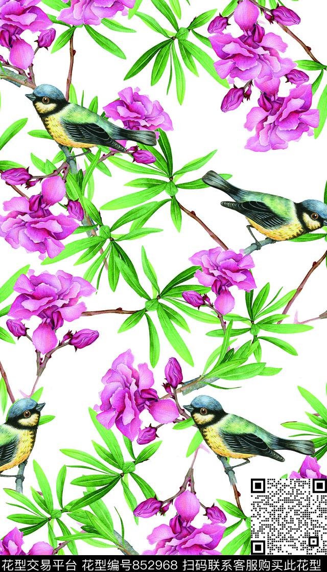 水彩花卉鸟数码印花华亿平台下载（图片编号: 852968） - 瓦栏（Walan）