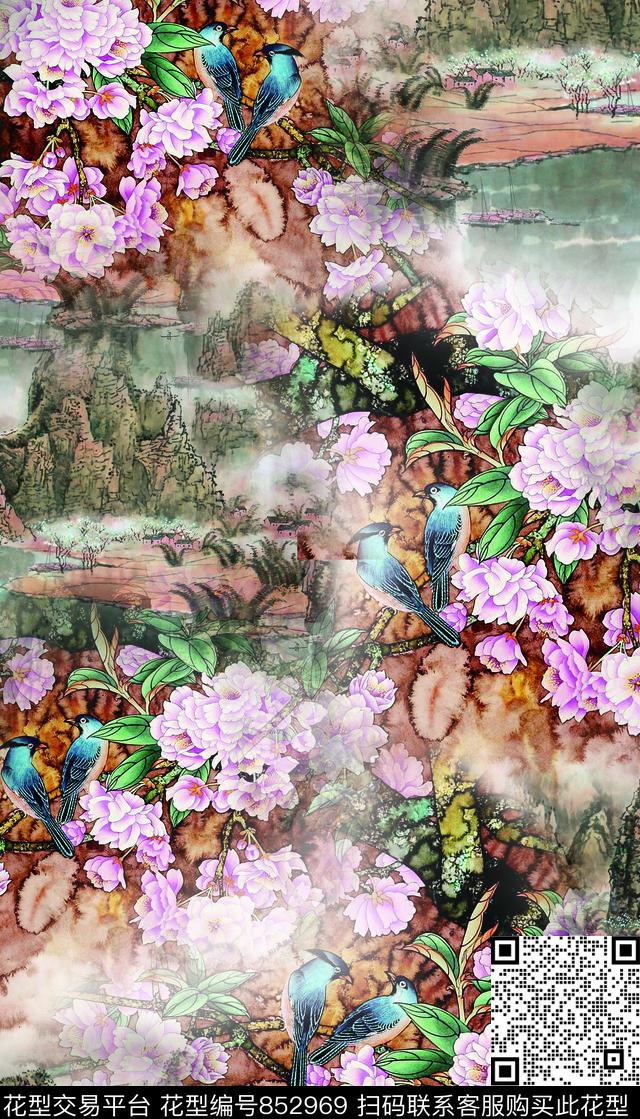 山水旗袍华亿平台中国风数码印花华亿平台下载（图片编号: 852969） - 瓦栏（Walan）