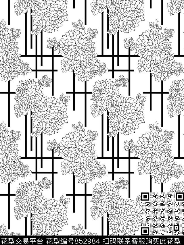 大花花卉中式菊花传统印花华亿平台下载（图片编号: 852984） - 瓦栏（Walan）