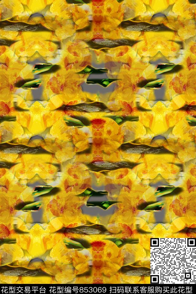 青蓝雅韵系列抽象花卉手绘花卉数码印花华亿平台下载（图片编号: 853069） - 瓦栏（Walan）