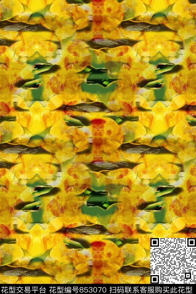 青蓝雅韵系列抽象花卉手绘花卉数码印花华亿平台下载（图片编号: 853070） - 瓦栏（Walan）