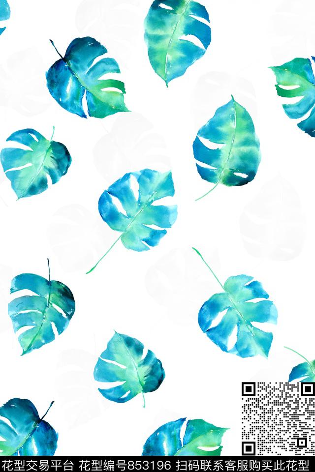 棕榈叶热带水彩数码印花华亿平台下载（图片编号: 853196） - 瓦栏（Walan）