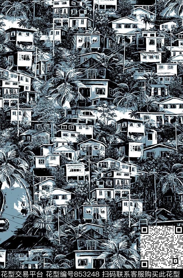 抽象纹理房子棷子树传统印花华亿平台下载（图片编号: 853248） - 瓦栏（Walan）