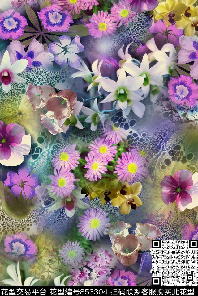 风景花卉花卉小花团数码印花华亿平台下载（图片编号: 853304） - 瓦栏（Walan）