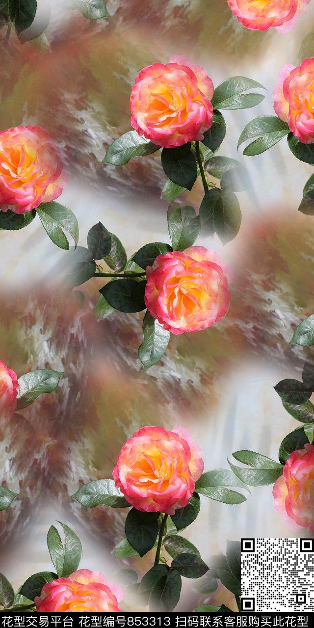 玫瑰牡丹花卉数码印花华亿平台下载（图片编号: 853313） - 瓦栏（Walan）