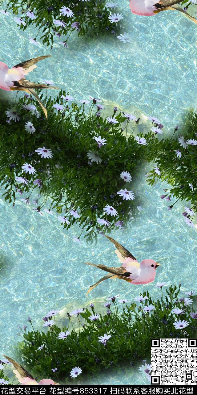 樱花康乃馨花鸟数码印花华亿平台下载（图片编号: 853317） - 瓦栏（Walan）