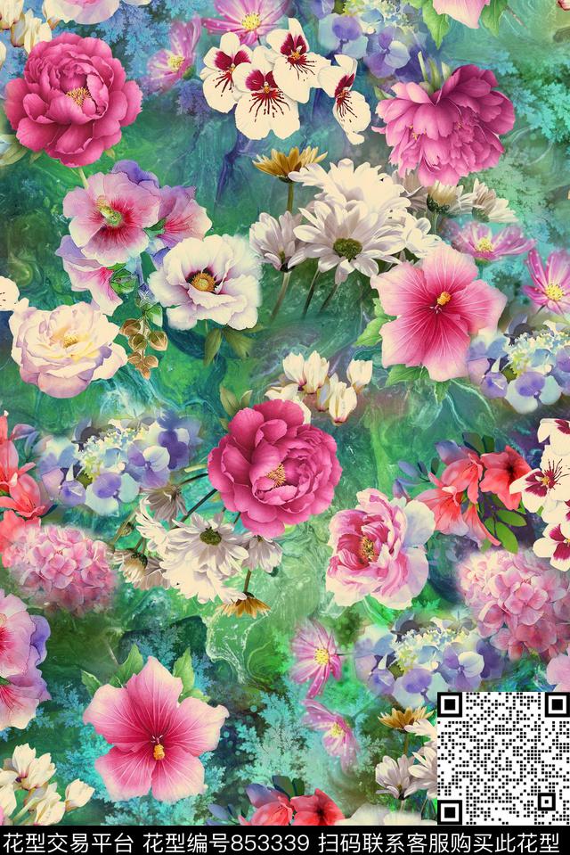 花卉手绘花牡丹花数码印花华亿平台下载（图片编号: 853339） - 瓦栏（Walan）