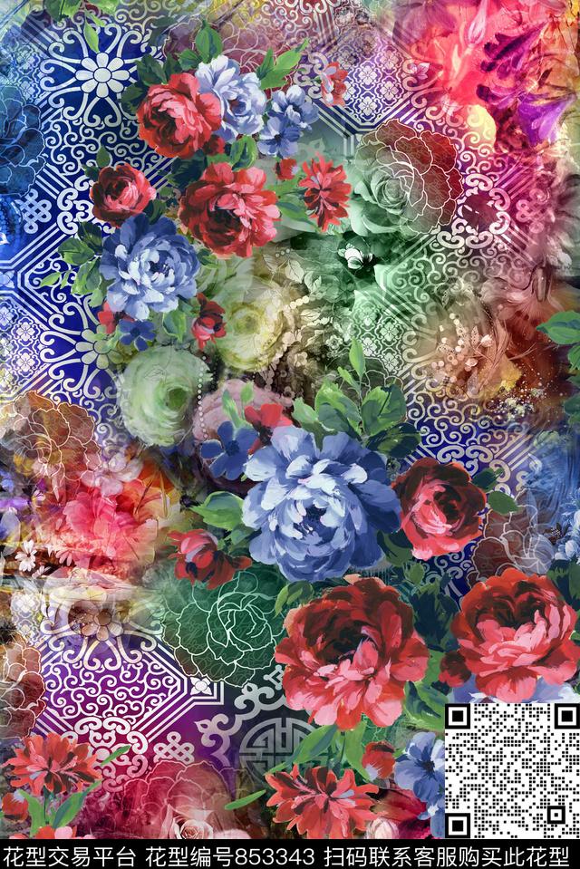 花卉手绘花传统元素数码印花华亿平台下载（图片编号: 853343） - 瓦栏（Walan）