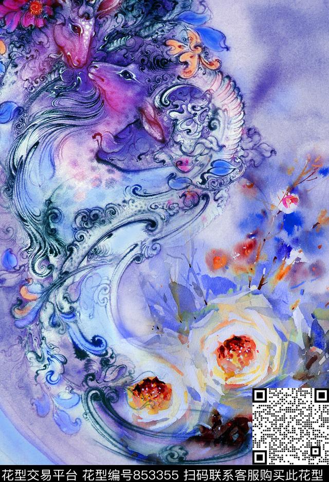 洋阳---定位定位华亿平台水彩花卉双鹿数码印花华亿平台下载（图片编号: 853355） - 瓦栏（Walan）