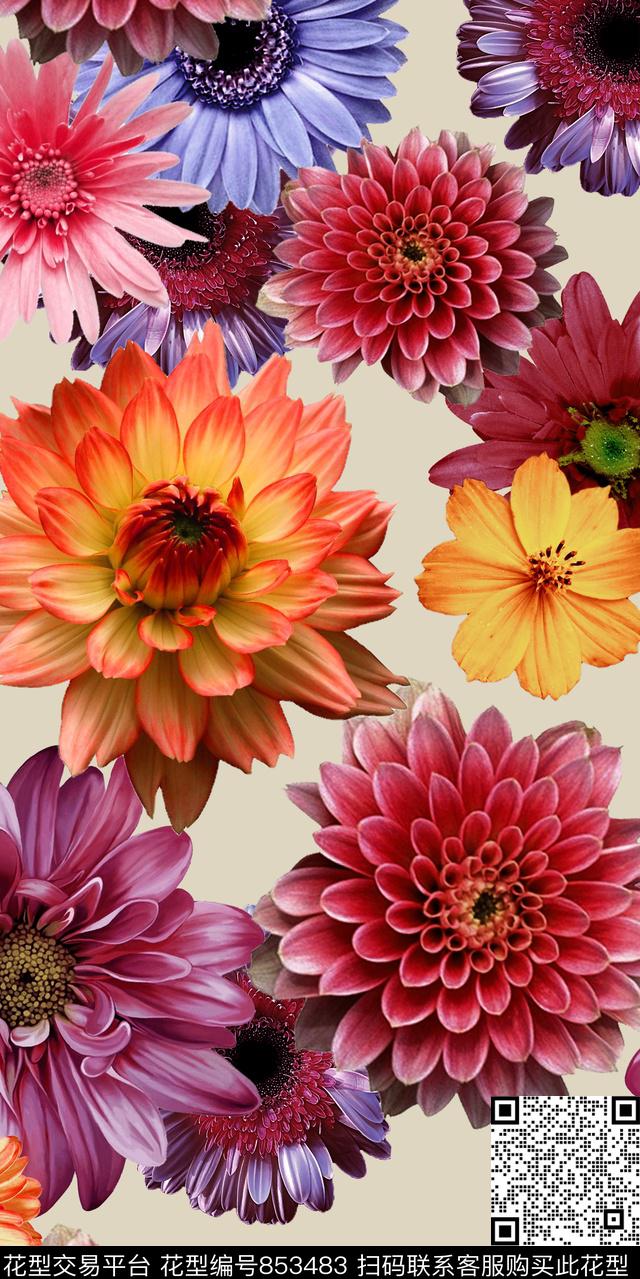 菊花大花欧美数码印花华亿平台下载（图片编号: 853483） - 瓦栏（Walan）