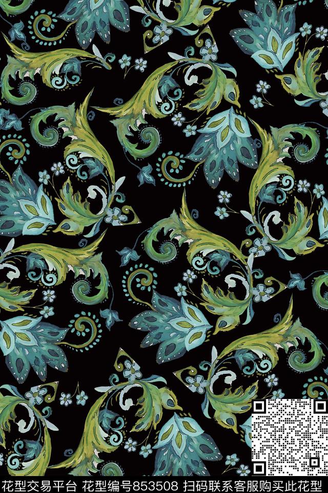 装饰手绘花卉传统印花华亿平台下载（图片编号: 853508） - 瓦栏（Walan）