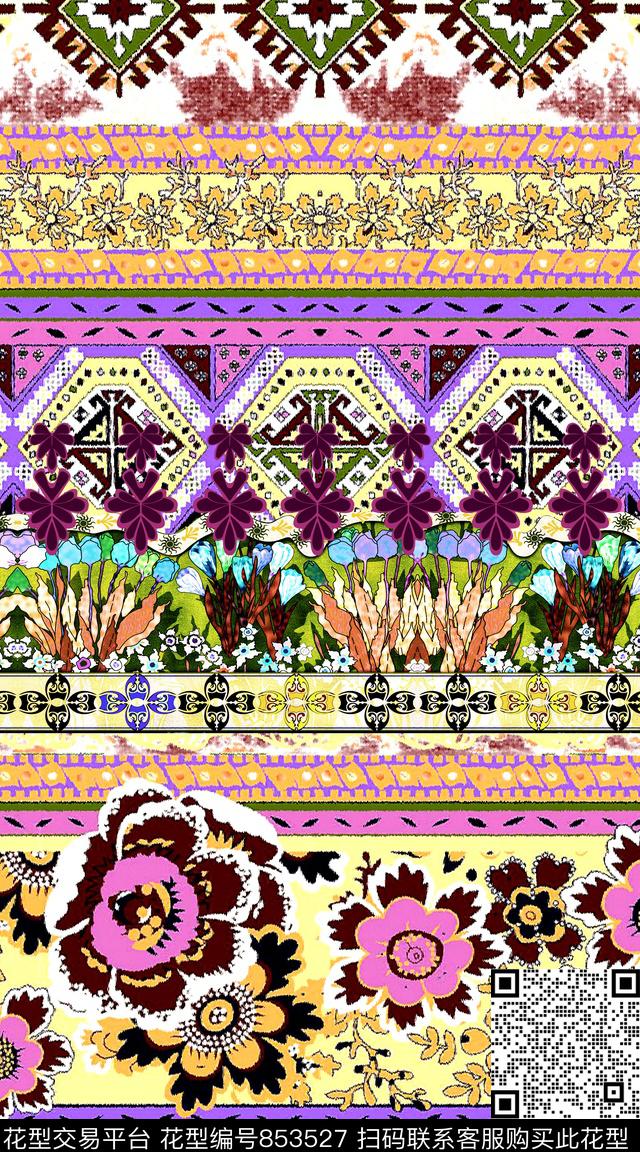 民族风条纹花卉数码印花华亿平台下载（图片编号: 853527） - 瓦栏（Walan）