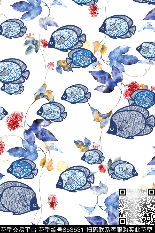 趣味花卉热带鱼传统印花华亿平台下载（图片编号: 853531） - 瓦栏（Walan）