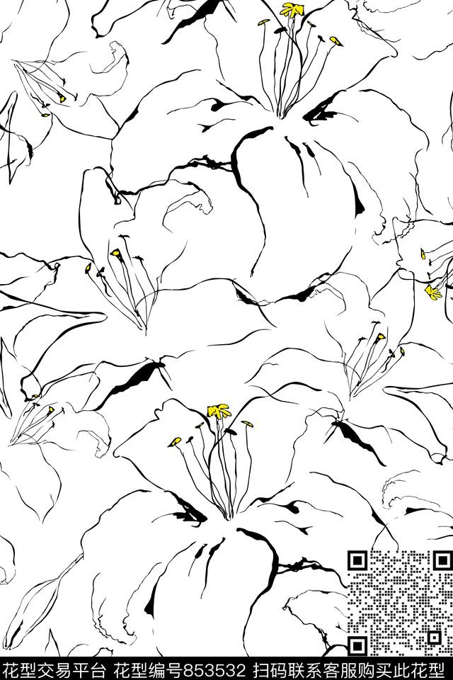 线条黑白百合传统印花华亿平台下载（图片编号: 853532） - 瓦栏（Walan）