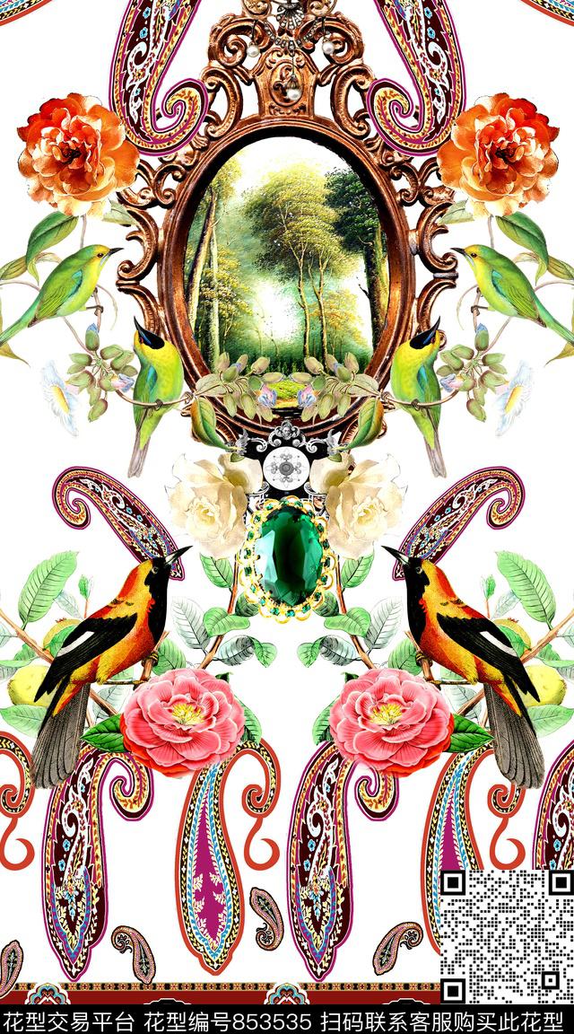 时尚卷草鸟数码印花华亿平台下载（图片编号: 853535） - 瓦栏（Walan）