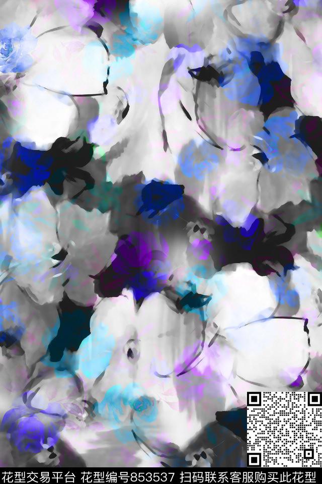 大花中国风水墨数码印花华亿平台下载（图片编号: 853537） - 瓦栏（Walan）