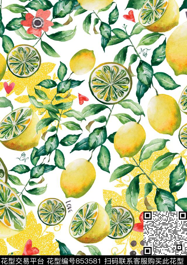 手绘柠檬水果绘画植物花卉数码印花华亿平台下载（图片编号: 853581） - 瓦栏（Walan）