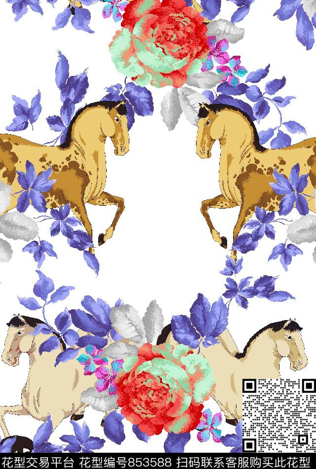 格子花卉马传统印花华亿平台下载（图片编号: 853588） - 瓦栏（Walan）