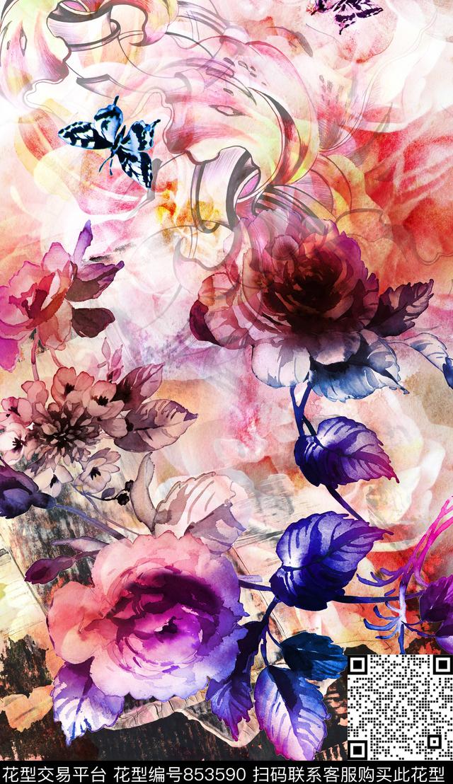 乱花水印破碎花朵数码印花华亿平台下载（图片编号: 853590） - 瓦栏（Walan）