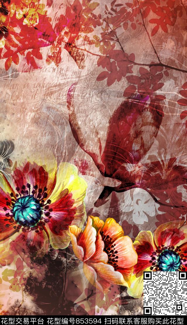乱花破碎花朵水印数码印花华亿平台下载（图片编号: 853594） - 瓦栏（Walan）