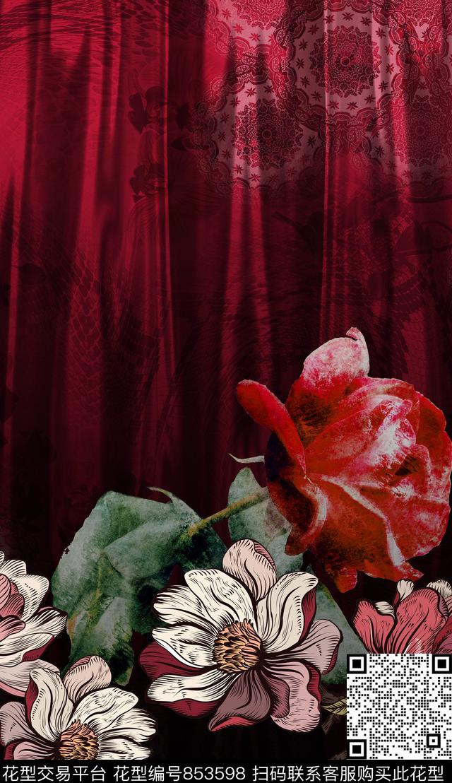 大花花卉花朵数码印花华亿平台下载（图片编号: 853598） - 瓦栏（Walan）