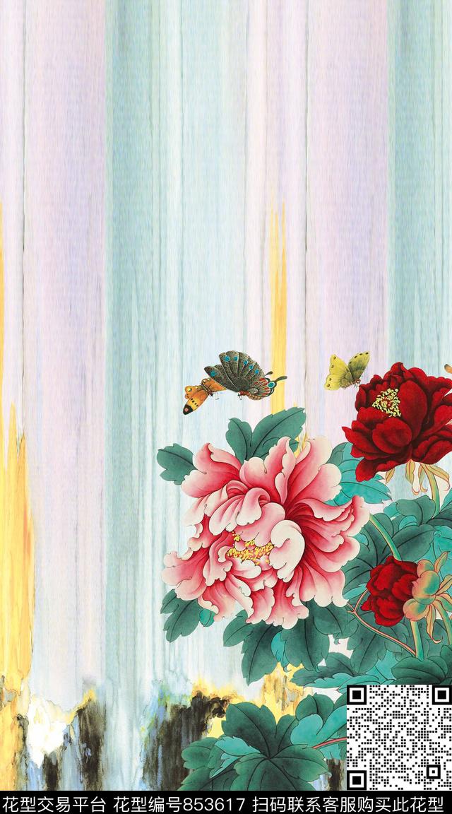 牡丹花鸟中国风数码印花华亿平台下载（图片编号: 853617） - 瓦栏（Walan）