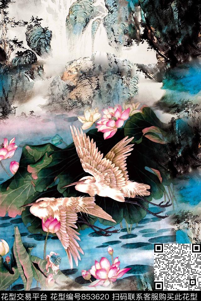 荷花花鸟中国风数码印花华亿平台下载（图片编号: 853620） - 瓦栏（Walan）