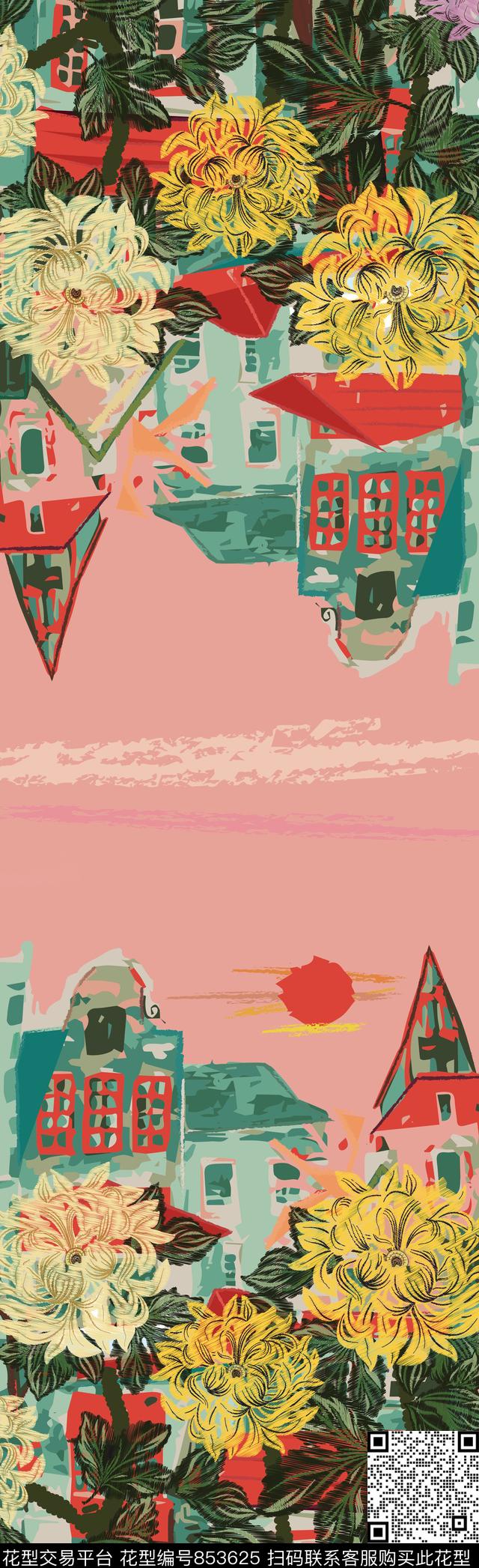 房子花卉欧式数码印花华亿平台下载（图片编号: 853625） - 瓦栏（Walan）