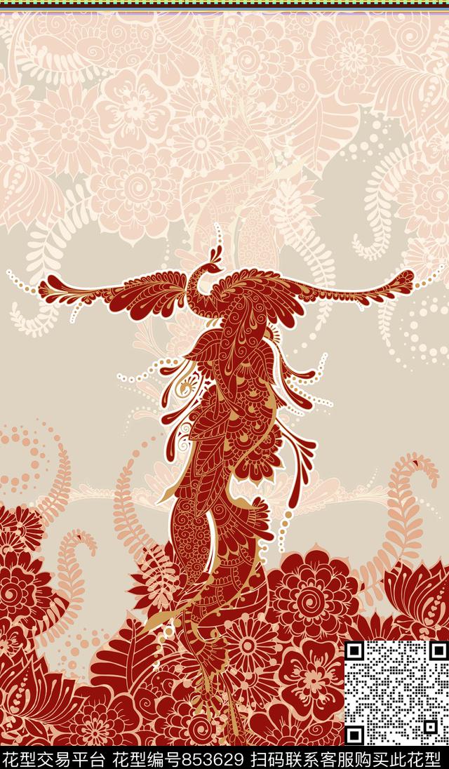孔雀中国风纹样数码印花华亿平台下载（图片编号: 853629） - 瓦栏（Walan）