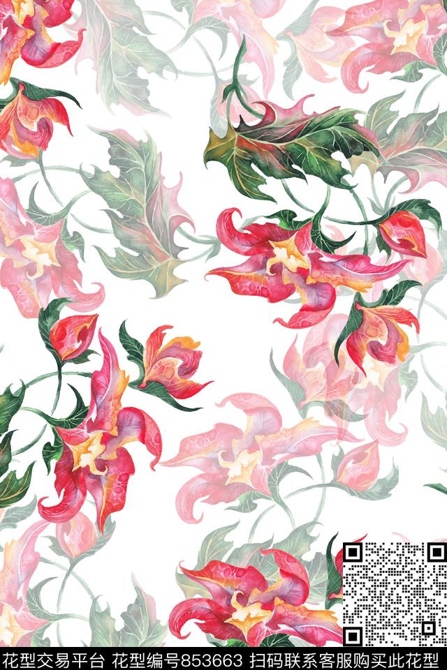 手绘花卉大花乱花复古数码印花华亿平台下载（图片编号: 853663） - 瓦栏（Walan）
