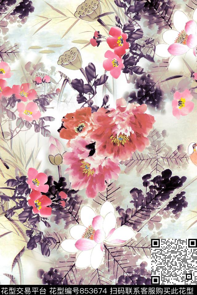 国画花中国风水墨风数码印花华亿平台下载（图片编号: 853674） - 瓦栏（Walan）