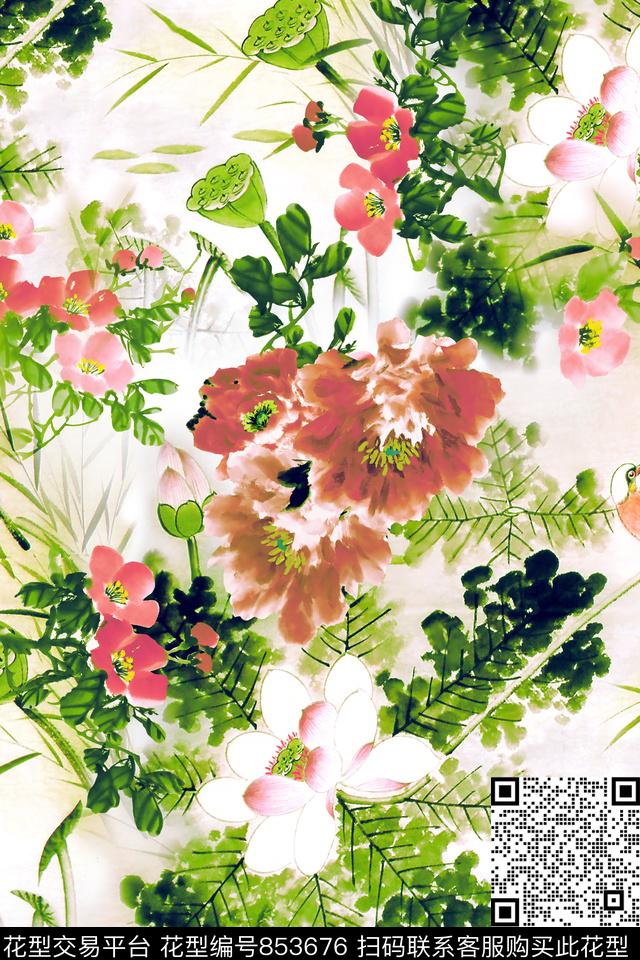 国画花中国风水墨风数码印花华亿平台下载（图片编号: 853676） - 瓦栏（Walan）