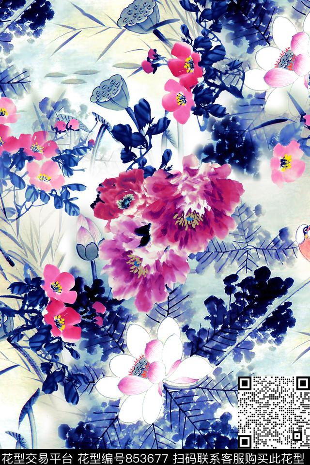 国画花中国风水墨风数码印花华亿平台下载（图片编号: 853677） - 瓦栏（Walan）