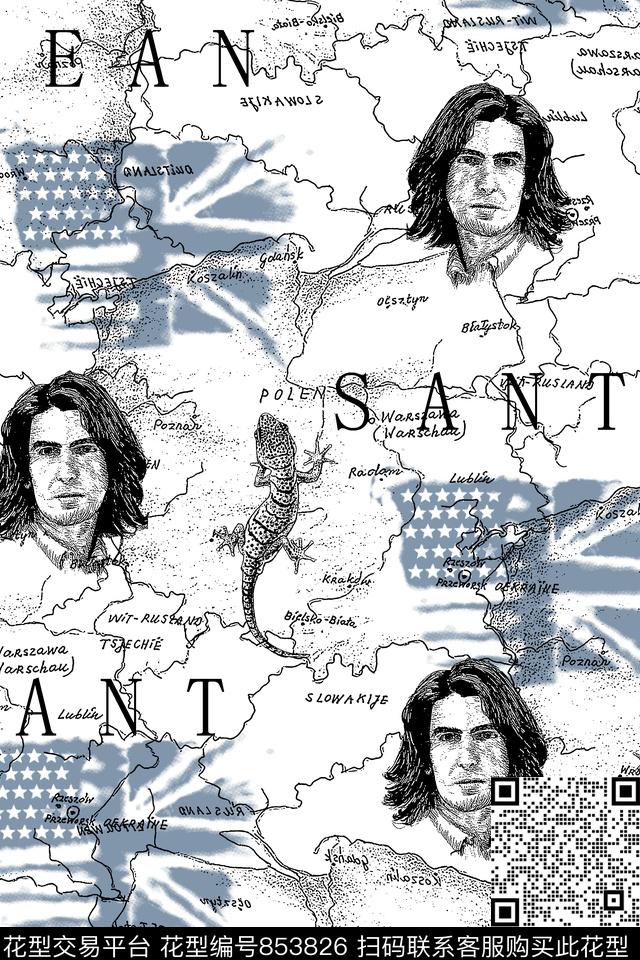 人物像地图米字旗传统印花华亿平台下载（图片编号: 853826） - 瓦栏（Walan）