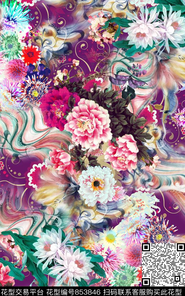 花卉组合抽象底纹数码印花华亿平台下载（图片编号: 853846） - 瓦栏（Walan）