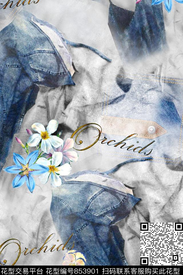 休闲牛仔花卉数码印花华亿平台下载（图片编号: 853901） - 瓦栏（Walan）