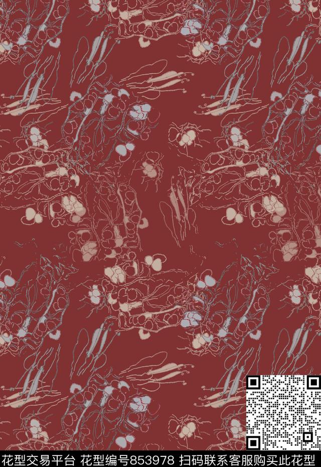 手绘线条笔触迷彩花卉抽象图案传统印花华亿平台下载（图片编号: 853978） - 瓦栏（Walan）